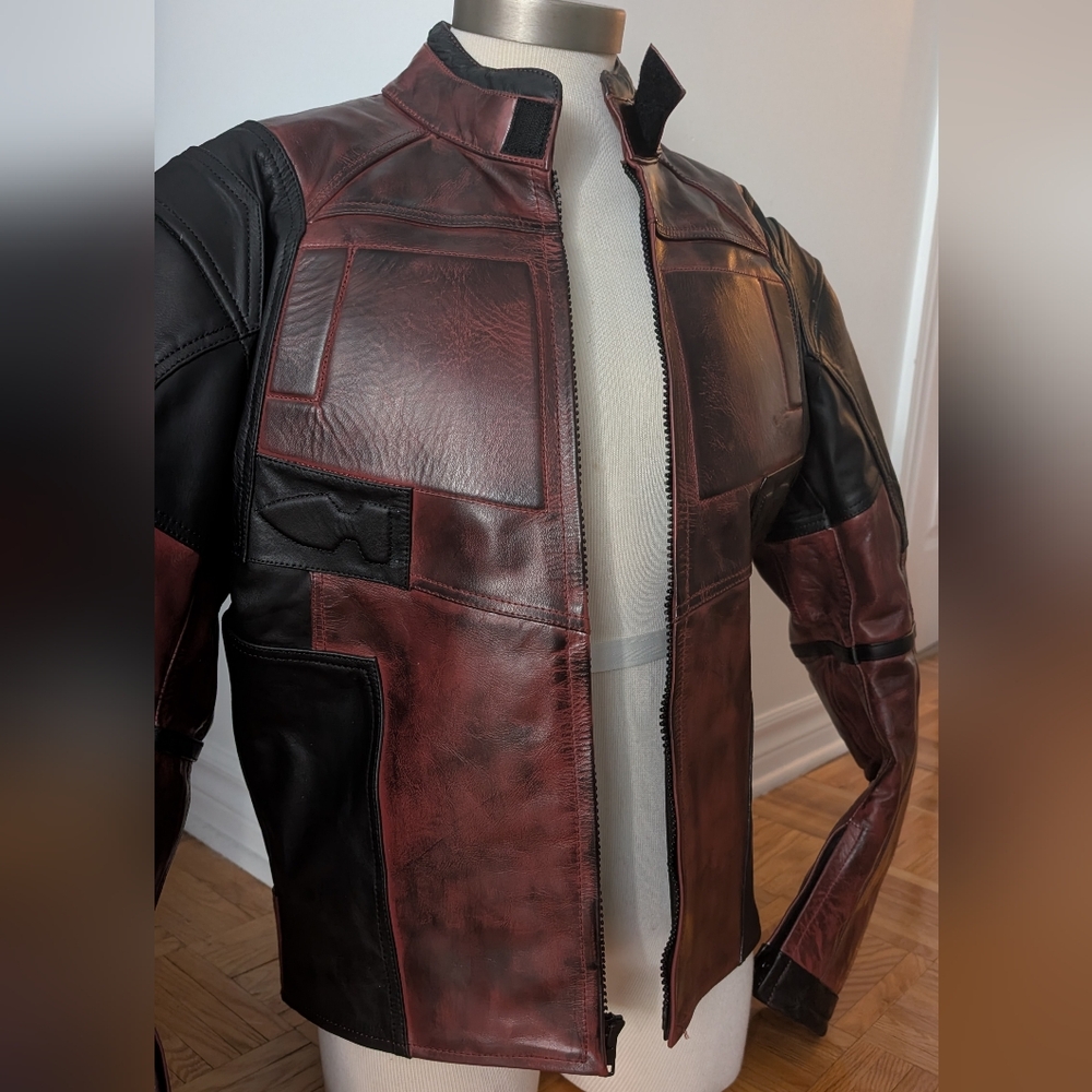 Men's Deadpool Red and Black Leather Style Jacket - Picture 3 of 7